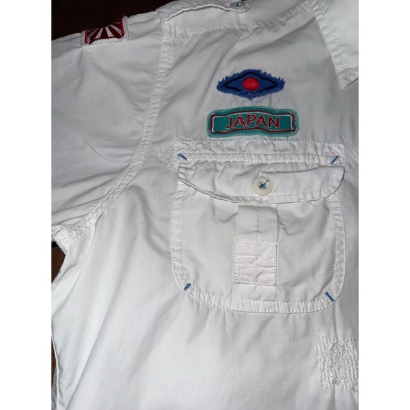 Henry Choice Blue Jeans White Short Sleeve Shirt L Tokyo Osaka Japan Patches - Picture 11 of 14